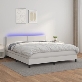 VidaXL Box spring postelja z vzmetnico LED bela 180x200cm umetno usnje