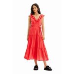Obleka Desigual rdeča barva - rdeča. Obleka iz kolekcije Desigual. Model izdelan iz enobarvne tkanine. Model iz zračne tkanine z visoko vsebnostjo bombaža.