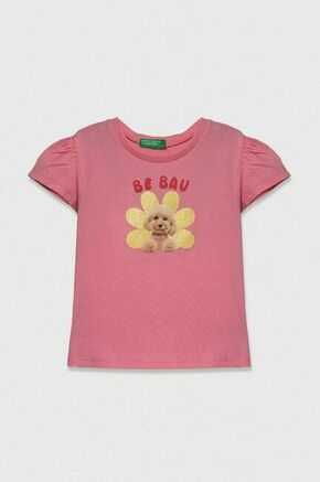 Otroška bombažna kratka majica United Colors of Benetton roza barva - roza. Otroške kratka majica iz kolekcije United Colors of Benetton. Model izdelan iz pletenine s potiskom. Model iz izjemno udobne bombažne tkanine.