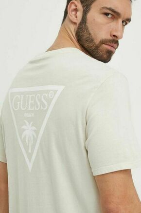 Bombažna kratka majica Guess bež barva - bež. Kratka majica za na plažo iz kolekcije Guess