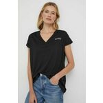 Kratka majica Guess ženski, črna barva - črna. Kratka majica iz kolekcije Guess, izdelana iz elastične pletenine. Model iz izjemno udobne, zračne tkanine.