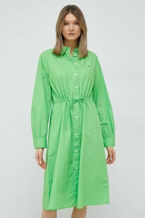 Bombažna obleka Tommy Hilfiger zelena barva - zelena. Obleka iz kolekcije Tommy Hilfiger. Raven model izdelan iz enobarvne tkanine.