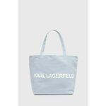 Bombažna torba Karl Lagerfeld - modra. Velika nakupovalna torbica iz kolekcije Karl Lagerfeld. Model na zapenjanje, izdelan iz tekstilnega materiala.