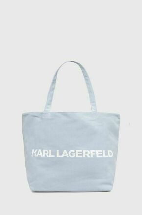 Bombažna torba Karl Lagerfeld - modra. Velika nakupovalna torbica iz kolekcije Karl Lagerfeld. Model na zapenjanje