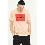 Bombažna kratka majica HUGO roza barva - oranžna. Ohlapna kratka majica iz kolekcije HUGO. Model izdelan iz tanke, elastične pletenine. Izjemno udoben material.