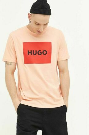 Bombažna kratka majica HUGO roza barva - oranžna. Ohlapna kratka majica iz kolekcije HUGO. Model izdelan iz tanke