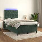 Greatstore Box spring postelja z vzmetnico LED tem. zelena 120x200cm žamet