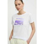 Bombažna kratka majica Armani Exchange ženska, bela barva, 3DYT55 YJ3RZ - bela. Kratka majica iz kolekcije Armani Exchange, izdelana iz pletenine s potiskom. Model iz izjemno udobne bombažne tkanine.