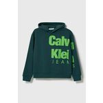Otroški pulover Calvin Klein Jeans zelena barva, s kapuco - zelena. Pulover s kapuco iz kolekcije Calvin Klein Jeans, izdelan iz pletenine s potiskom. Mehko oblazinjena sredina zagotavlja visoko raven udobja.