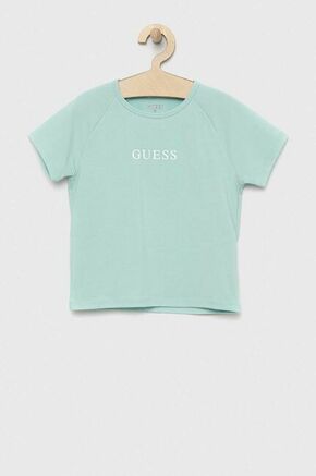 Otroška kratka majica Guess turkizna barva - turkizna. Otroški kratka majica iz kolekcije Guess. Model izdelan iz pletenine s potiskom. Material