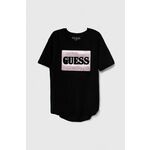 Otroška kratka majica Guess črna barva - črna. Otroške kratka majica iz kolekcije Guess. Model izdelan iz tanke, elastične pletenine. Model iz zračne tkanine z visoko vsebnostjo viskoze.