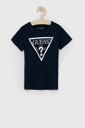 Otroški bombažen t-shirt Guess - mornarsko modra. Otroški T-shirt iz kolekcije Guess. Model izdelan iz tanke