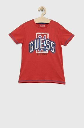 Otroška bombažna kratka majica Guess rdeča barva - rdeča. Otroški kratka majica iz kolekcije Guess. Model izdelan iz materiala s potiskom.