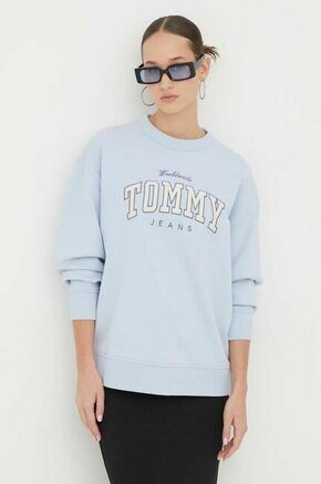 Bombažen pulover Tommy Jeans ženska - modra. Pulover iz kolekcije Tommy Jeans