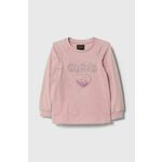 Otroški bombažen pulover Guess roza barva - roza. Otroški pulover iz kolekcije Guess. Model izdelan iz elastične pletenine. Mehko oblazinjena sredina zagotavlja visoko raven udobja.