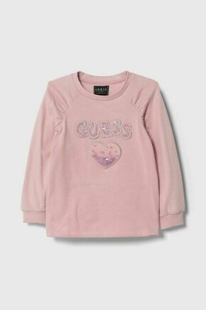 Otroški bombažen pulover Guess roza barva - roza. Otroški pulover iz kolekcije Guess. Model izdelan iz elastične pletenine. Mehko oblazinjena sredina zagotavlja visoko raven udobja.