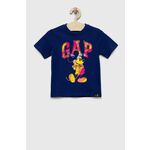 Otroška bombažna kratka majica GAP x Disney mornarsko modra barva - mornarsko modra. Otroška lahkotna kratka majica iz kolekcije GAP, izdelana iz izjemno udobne pletenine. Model iz mehke in na otip prijetne tkanine.