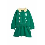 Otroška bombažna obleka Mini Rodini zelena barva - zelena. Otroški obleka iz kolekcije Mini Rodini. Nabran model, izdelan iz pletenine s potiskom.