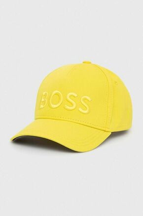 Bombažna bejzbolska kapa BOSS rumena barva - rumena. Kapa s šiltom vrste baseball iz kolekcije BOSS. Model izdelan iz materiala z nalepko.