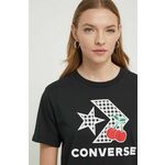 Bombažna kratka majica Converse ženski, črna barva - črna. Kratka majica iz kolekcije Converse, izdelana iz tanke, elastične pletenine. Model iz zračne bombažne tkanine.