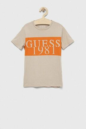 Otroška bombažna kratka majica Guess bež barva - bež. Otroški Lahkotna kratka majica iz kolekcije Guess. Model izdelan iz tanke