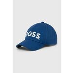 Bombažna bejzbolska kapa BOSS BOSS GREEN - modra. Kapa s šiltom vrste baseball iz kolekcije BOSS. Model izdelan iz pletenine s potiskom.