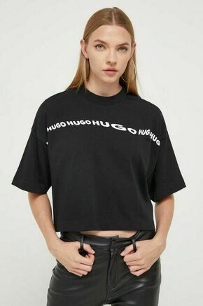 Bombažna kratka majica HUGO črna barva - črna. Ohlapna kratka majica iz kolekcije HUGO