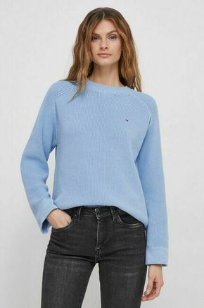 Bombažen pulover Tommy Hilfiger - modra. Pulover iz kolekcije Tommy Hilfiger. Model izdelan iz debele pletenine. Model iz izjemno udobne bombažne tkanine.