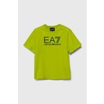 Otroška bombažna kratka majica EA7 Emporio Armani zelena barva - zelena. Otroške lahkotna kratka majica iz kolekcije EA7 Emporio Armani, izdelana iz pletenine, prijetne na otip. Model iz izjemno udobne bombažne tkanine.