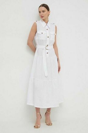 Lanena obleka Luisa Spagnoli bela barva - bela. Lahkotna obleka iz kolekcije Luisa Spagnoli. Model izdelan iz enobarvne tkanine. Model iz zračne lanene tkanine.