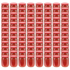 VidaXL Stekleni kozarci z rdečimi pokrovi 96 kosov 230 ml