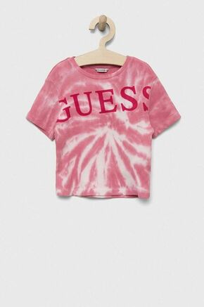 Otroška bombažna kratka majica Guess roza barva - roza. Otroške lahkotna kratka majica iz kolekcije Guess. Model izdelan iz rebraste pletenine. Model iz raztegljivega materiala