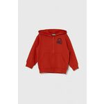 Otroški bombažen pulover United Colors of Benetton rdeča barva, s kapuco - rdeča. Otroški pulover s kapuco iz kolekcije United Colors of Benetton, izdelan iz elastične pletenine. Model iz izjemno udobne bombažne tkanine, ki je zračna.