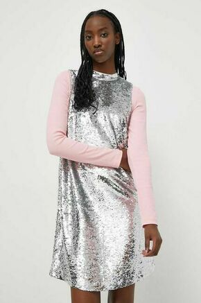 Obleka Superdry srebrna barva - srebrna. Obleka iz kolekcije Superdry. Model izdelan iz tkanine z bleščicami. Model iz izrazite