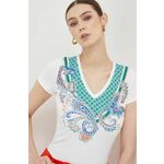 Kratka majica Liu Jo ženski, bela barva - bela. Kratka majica iz kolekcije Liu Jo, izdelana iz elastične pletenine. Model iz izjemno udobne tkanine z visoko vsebnostjo bombaža.