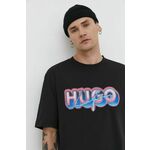 Bombažna kratka majica Hugo Blue moški, črna barva - črna. Kratka majica iz kolekcije Hugo Blue, izdelana iz pletenine s potiskom. Model iz zračne bombažne tkanine.
