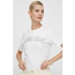 Bombažna kratka majica Emporio Armani ženski, bela barva - bela. Kratka majica iz kolekcije Emporio Armani, izdelana iz tanke, elastične pletenine. Model iz izjemno udobne bombažne tkanine.