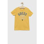 Otroška bombažna kratka majica Guess rumena barva - rumena. Otroški Lahkotna kratka majica iz kolekcije Guess. Model izdelan iz tanke, elastične pletenine.
