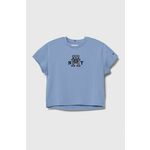 Otroška bombažna kratka majica Tommy Hilfiger - modra. Otroške Ohlapna kratka majica iz kolekcije Tommy Hilfiger. Model izdelan iz tanke, elastične pletenine. Model iz izjemno udobne bombažne tkanine.