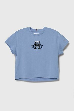 Otroška bombažna kratka majica Tommy Hilfiger - modra. Otroške Ohlapna kratka majica iz kolekcije Tommy Hilfiger. Model izdelan iz tanke