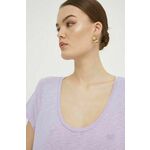 Kratka majica Superdry ženski, vijolična barva - vijolična. Lahkotna kratka majica iz kolekcije Superdry, izdelana iz materiala, ki je prijeten na otip in diha. Model iz izjemno udobne tkanine z visoko vsebnostjo bombaža.