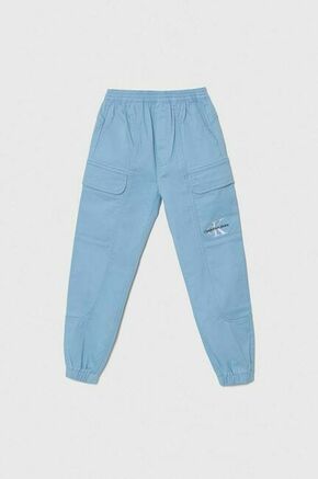 Otroške hlače Calvin Klein Jeans rjava barva - modra. Otroški hlače iz kolekcije Calvin Klein Jeans. Model izdelan iz enobarvne tkanine. Model iz izjemno udobne tkanine z visoko vsebnostjo bombaža.