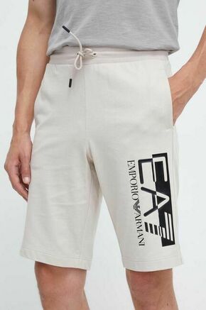 Bombažne kratke hlače EA7 Emporio Armani srebrna barva - bež. Kratke hlače iz kolekcije EA7 Emporio Armani. Model izdelan iz pletenine s potiskom. Model iz izjemno udobne bombažne tkanine.