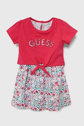 Otroška obleka Guess roza barva - roza. Otroški obleka iz kolekcije Guess. Model izdelan iz vzorčaste pletenine. Model iz izjemno udobne tkanine z visoko vsebnostjo bombaža.