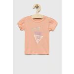Otroška kratka majica Guess roza barva - roza. Otroške lahkotna kratka majica iz kolekcije Guess. Model izdelan iz tanke, elastične pletenine. Nežen material, prijeten na dotik.