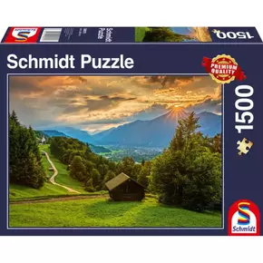 Schmidt Puzzle Sončni zahod nad gorsko vasico Wamberg 1500 kosov