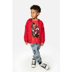 Otroški bombažen pulover Coccodrillo rdeča barva, s kapuco - rdeča. Otroški pulover s kapuco iz kolekcije Coccodrillo. Model z zapenjanjem na zadrgo, izdelan iz enobarvne pletenine.