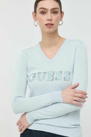 Pulover Guess ženski - modra. Pulover iz kolekcije Guess. Model z V izrezom