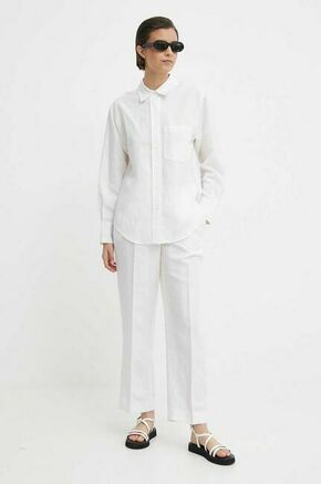 Hlače z mešanico lana Calvin Klein bela barva