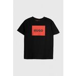 Otroška bombažna kratka majica HUGO črna barva - črna. Otroške kratka majica iz kolekcije HUGO. Model izdelan iz tanke, rahlo elastične pletenine.